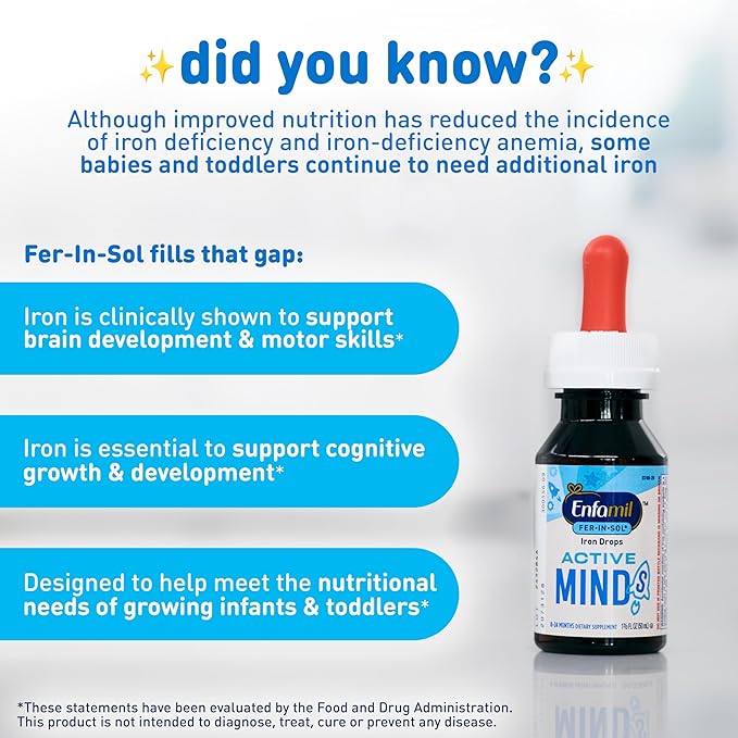 Enfamil Fer-In-Sol Iron Supplement Drops for Infants & Toddlers, Supports Brain Development, 50 mL Dropper Bottle, Pack of 3