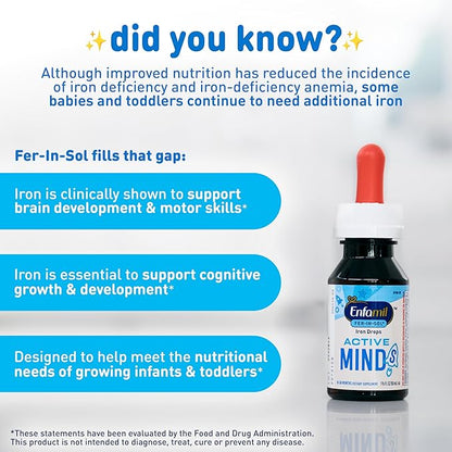 Enfamil Fer-In-Sol Iron Supplement Drops for Infants & Toddlers, Supports Brain Development, 50 mL Dropper Bottle, Pack of 3