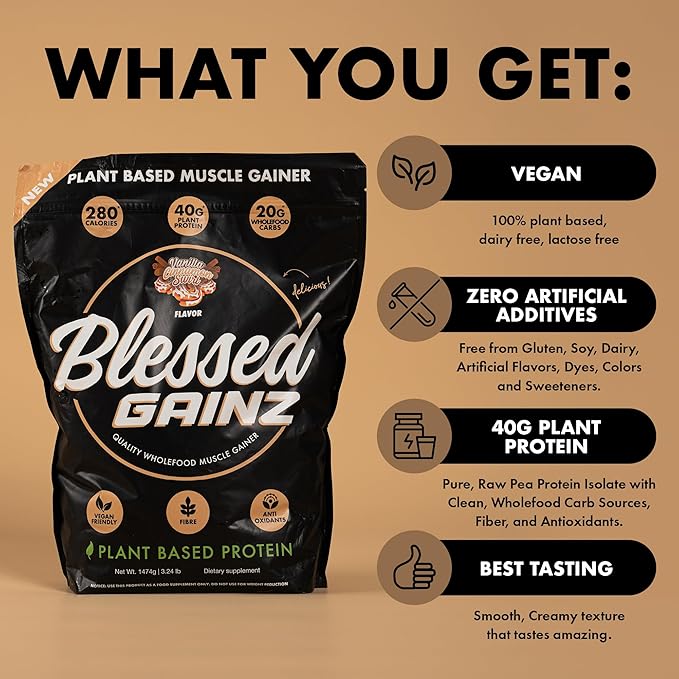 BLESSED Gainz Vegan Protein Powder Mass Gainer - 40g Plant Based Protein Powder - Meal Replacement Shake with Pea Protein Powder - Vegan Protein Shake - 40 Servings (Peanut Butter)