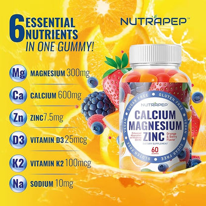 Calcium Magnesium Zinc Supplement Gummies - with Vitamin D3 K2 Magnesium Glycinate - Orange Berry Flavored Vegan Sugar-Free Gluten Free Chewable for Men Women Kids