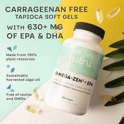 O-Mega-Zen3 +EPA Vegan Omega 3 Supplement - Fish Oil Alternative - Premium Marine Algal Based Omega-3 DHA and EPA Fatty Acids - Carrageenan Free - 120 Softgels