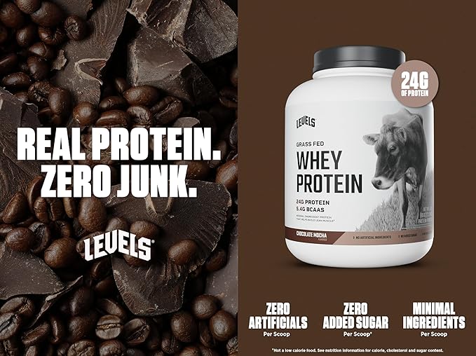 Levels Grass Fed Whey Protein Powder, No Artificials, 24G of Protein, Chocolate Mocha, 5LB