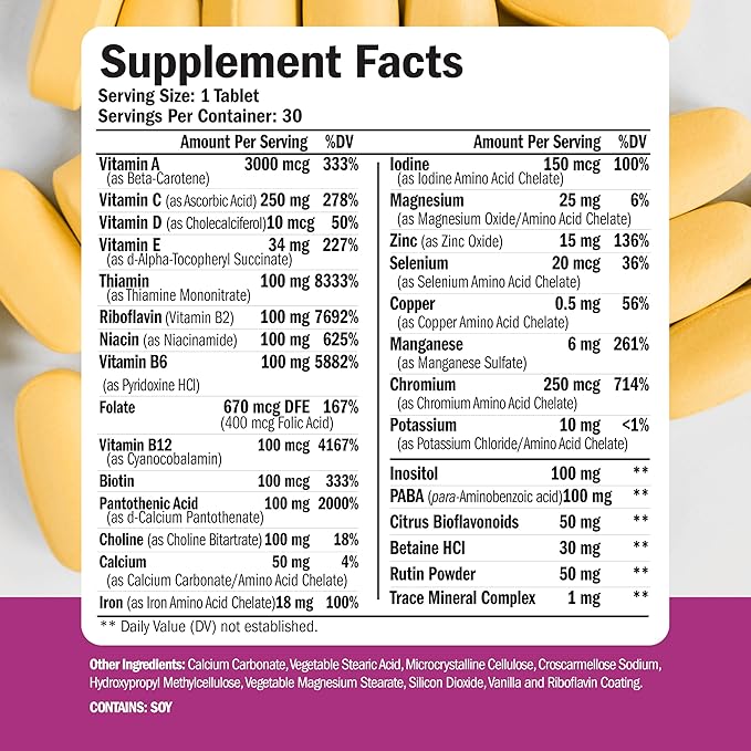 Multivitamin for Women - Daily Womens Multivitamin & Multimineral with Vitamin A, C, D, E, B12, Zinc and Iron. Vitamins for Women - Womens Vitamins for Energy, Focus, and Womens Health. 30 Tablets