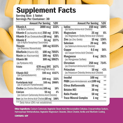 Multivitamin for Women - Daily Womens Multivitamin & Multimineral with Vitamin A, C, D, E, B12, Zinc and Iron. Vitamins for Women - Womens Vitamins for Energy, Focus, and Womens Health. 30 Tablets