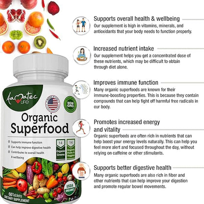 Organic Superfood Greens Fruits and Veggies Complex - Best Dietary Supplement with 14 Greens &14 Fruits & Vegetables with Alfalfa Rich in Antioxidants Organic Ingredients Non-GMO (180 Count Pack of 3)