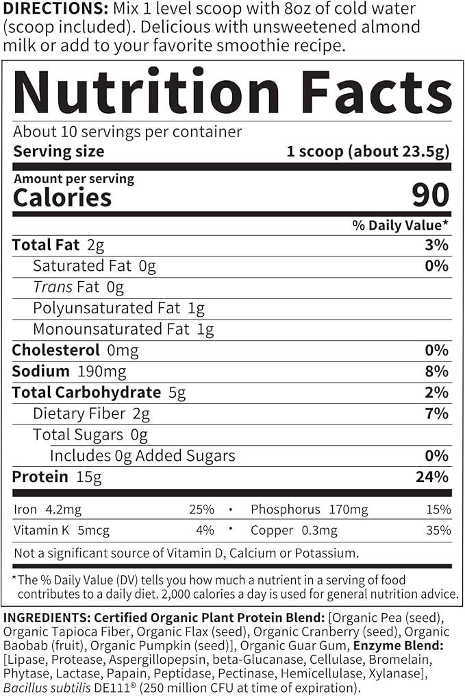 Garden of Life Organic Plant Based Protein Powder - Smooth Unflavored - Vegan, Grain Free & Gluten Free Shake for Women and Men - 10 Servings, 15g Protein, Probiotics & Enzymes, 0g Sugar, Stevia Free