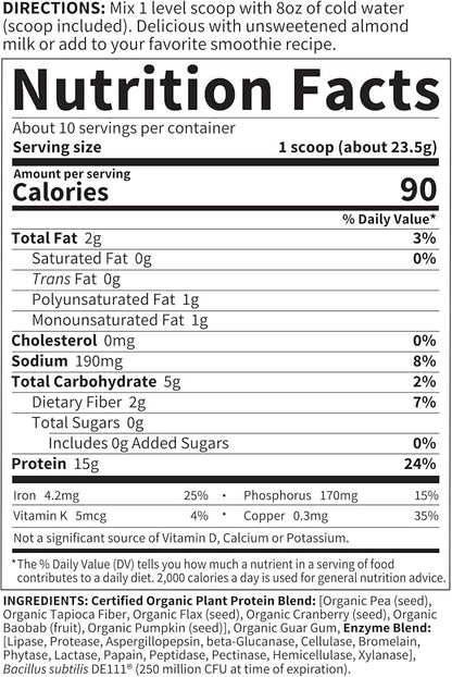 Garden of Life Organic Plant Based Protein Powder - Smooth Unflavored - Vegan, Grain Free & Gluten Free Shake for Women and Men - 10 Servings, 15g Protein, Probiotics & Enzymes, 0g Sugar, Stevia Free