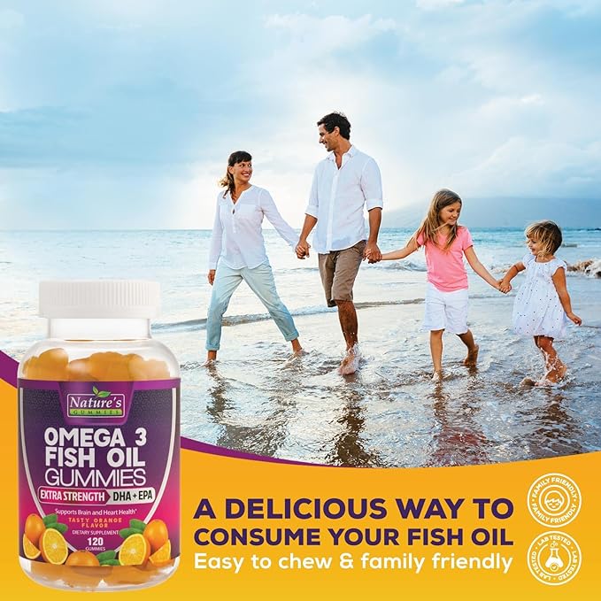 Omega Fish Oil Gummies - Delicious Orange Flavor Fish Oil Omega 3 Supplements with Heart Healthy EPA & DHA Fatty Acids for Heart, Joint & Brain Support - Omega 3 Fish Oil Gummy Vitamins - 120 Gummies