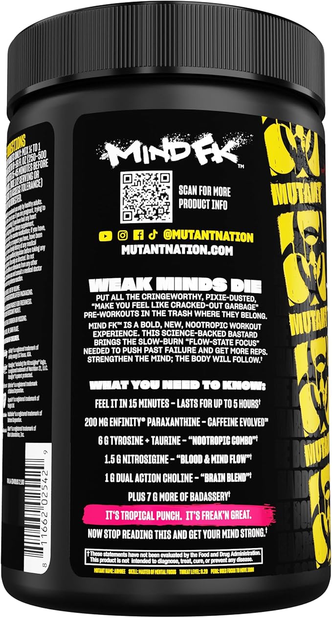 Mutant Mind FK - Epic Nootropic Pre-Workout - Brain Supplement for Mental Focus - 20 Serve - Tropical Punch - 460g