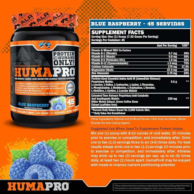 Humapro | Amino Acids Protein Matrix for Humans | 99% Utilization for Lean Muscle | Vegan, Gluten Free | 334g / 45 Servings (Blue Raspberry)