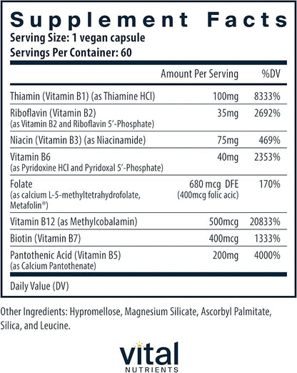 Vital Nutrients Vitamin B-Complex | Vegan High-Potency Methylated B Complex Vitamins | B Vitamins Support Energy Production, Metabolism, and Heart Health* | Gluten, Dairy, Soy Free | 60 Capsules