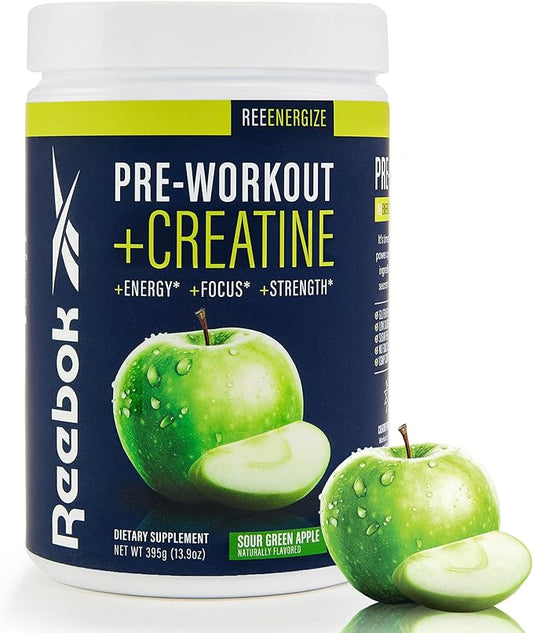 Reebok ReeEnergize Pre-Workout + Creatine | 200MG Caffeine, 3G Creatine, 4G Citrulline | Energy, Focus, Strength | Nitric Oxide Booster | 25 Servings | Sour Green Apple