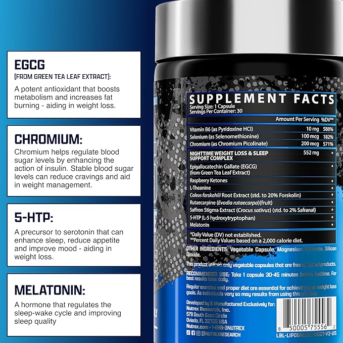 Nutrex Lipo 6 Nighttime Fat Burner | Melatonin Sleep Aid & Weight Loss Diet Pills for Men and Women | Night Time Metabolism Booster Appetite Suppressant | 30 Servings (1)