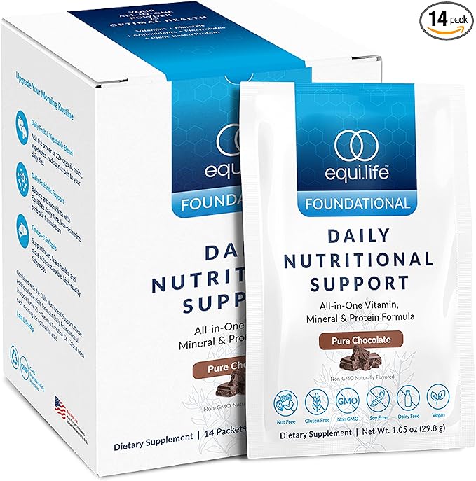 Equilife - Daily Nutritional Support, Organic and Plant Based Protein Powder, All-in-one Multivitamin, Boost Energy and Mood, Gut-Cleansing Aid and Skin Health (Pure Chocolate,14 Servings Packets)