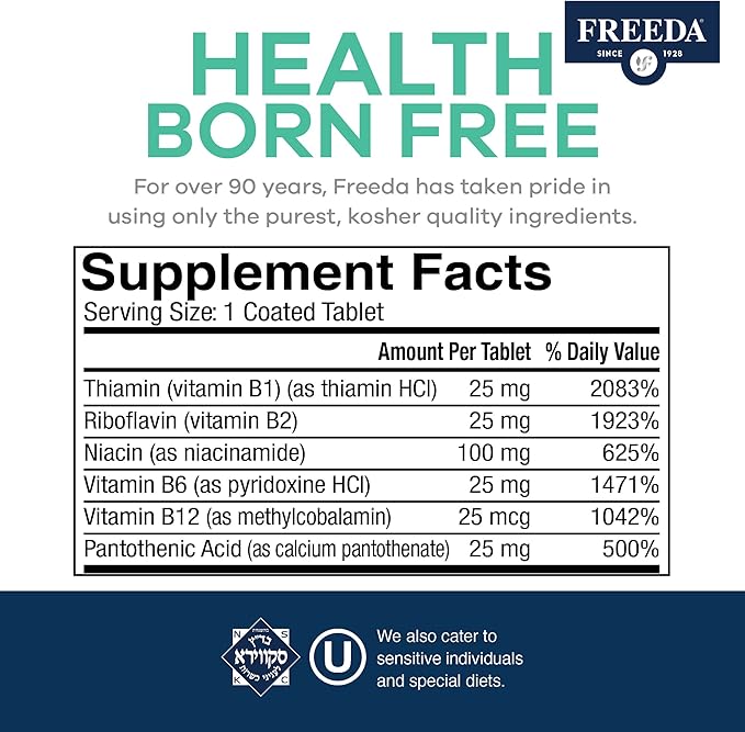 Freeda Vitamin B Complex No Folic No PABA - Super B Complex Kosher Vitamin Supplement with Vitamin B1 Vitamin B2 Vitamin B3 Vitamin B5 Vitamin B6 Vitamin B12 - Vit B Complex B for Women & Men (100 Ct)