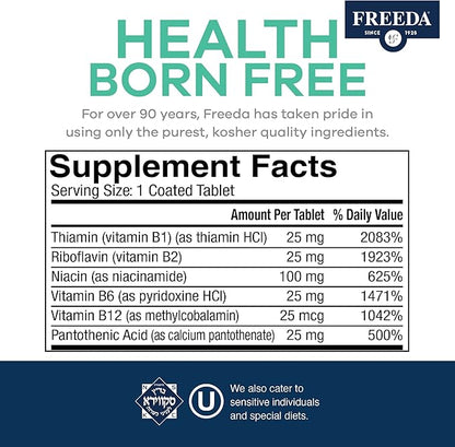 Freeda Vitamin B Complex No Folic No PABA - Super B Complex Kosher Vitamin Supplement with Vitamin B1 Vitamin B2 Vitamin B3 Vitamin B5 Vitamin B6 Vitamin B12 - Vit B Complex B for Women & Men (100 Ct)