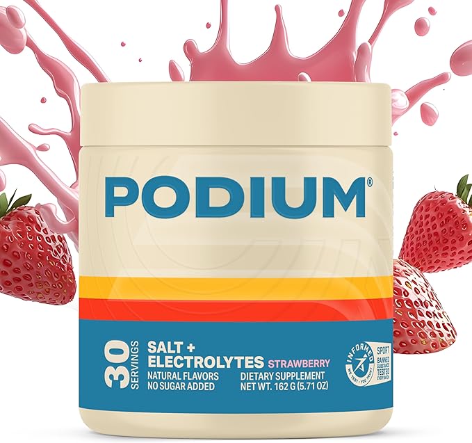 Podium Nutrition Training Salt + Electrolytes Powder, Strawberry, Post Workout Hydration & Muscle Recovery Support, Electrolyte Drink, Magnesium, Potassium, Calcium & Sodium Salts, 30 Servings