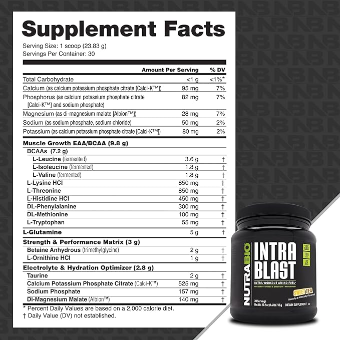 NutraBio Intra Blast BCAA EAA Electrolyte and Hydration Powder - Amino Acid Supplement, EAA/BCAA Powder - Non-GMO and Gluten Free - Sweet Tea - 30 Servings