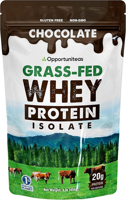 Opportuniteas Grass Fed Chocolate Whey Protein Isolate Powder - 20g Protein Powder Without Artificial Sweeteners, Hormone-Free Happy Cows, Non GMO - 1lb