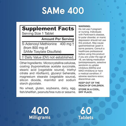 Jarrow Formulas® SAMe 400 mg, Supports Joint Health, Liver Function, Brain Metabolism, 60 Tablets, Up To a 60 Day Supply