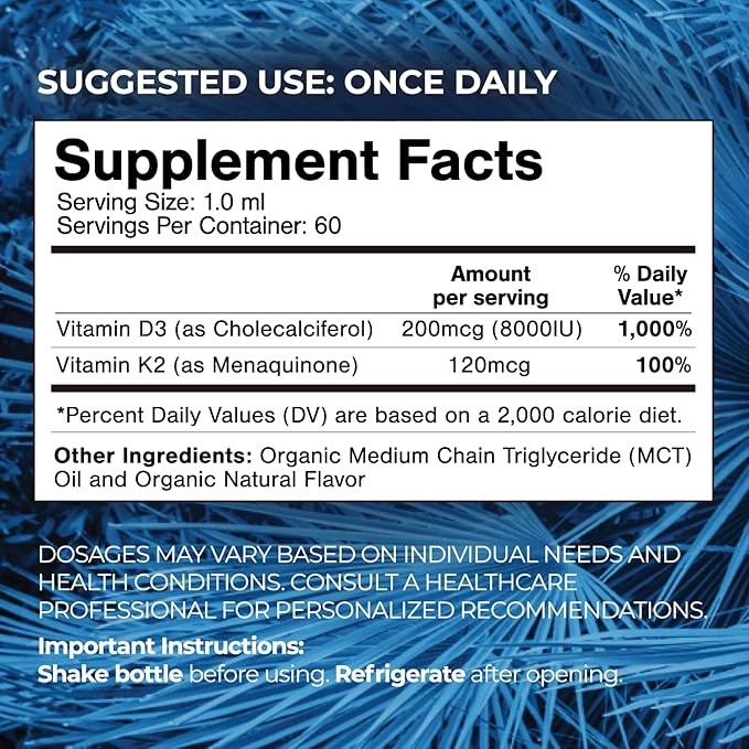USDA Organic Liquid Vitamin D3 K2 Drops for Adults | Superdose 8000IU Pure Vitamin D3 | 60 Serv | Vitamin D K2 Supplement for Immune Support & Bone Health | 98% Absorption | Vegan, Non-GMO | 2 Fl Oz