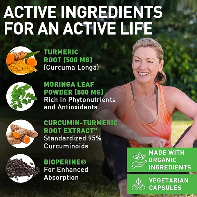 Turmeric Moringa - Organic Turmeric Curcumin Supplements and Organic Moringa Powder - 120 Veggie Capsules Supplement for Women and Men