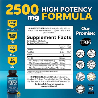 Fish Oil Omega 3 Supplement for Women - Triple Strength 2500 mg Fish Oil Pills with DPA DHA EPA Omega 3 Supplement with Re-Esterified Omega 3 Fatty Acids - 90 Pescatarian-Friendly Softgels