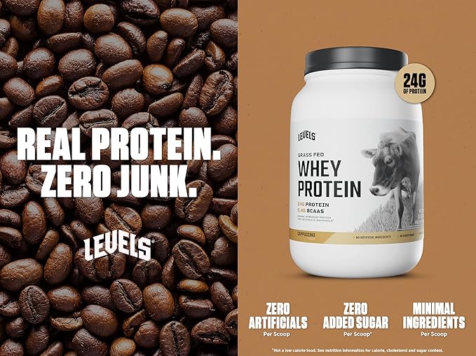 Levels Grass Fed Whey Protein Powder, No Artificials, 24G of Protein, Cappuccino, 2LB