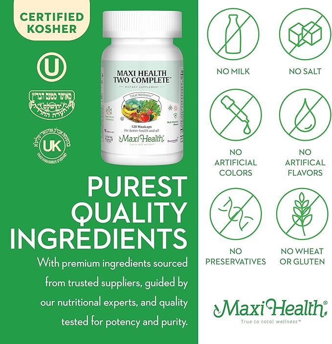 Maxi Health Two Complete - Multivitamins and Minerals - Full Potency - 120 Capsules - Kosher