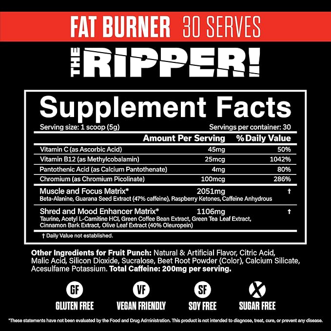 JNX SPORTS The Ripper! Shredding Thermogenic Fat Burner - Fruit Punch 30 Servings | Advanced Fast Acting Thermogenic Pre-Workout, Appetite Suppressant for Men & Women