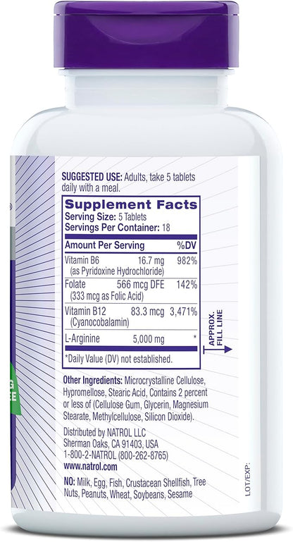 Natrol L-Arginine 5,000 mg, Dietary Supplement for Men's Health, L-Arginine Supplement, 90 Tablets, 18 Day Supply
