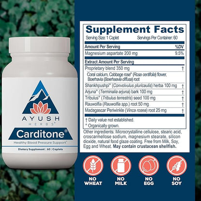 Ayush Herbs Carditone - Natural Heart Health Supplement for Women & Men, BP Formula, Holistic Heart Support with Rauwolfia, Arjuna, Calcium, and Magnesium - 60 Vegetarian Caplets (1 Count)