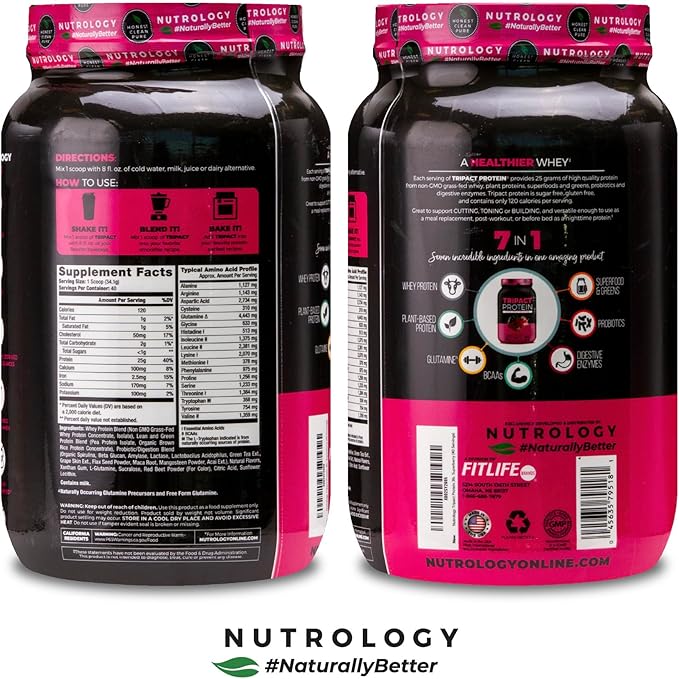 Nutrology TRIPACT Protein Powder, Superberry 7-in-1 Meal Replacement Shake with Grass Fed Whey Protein Powder, Greens, Probiotics & BCAAs, 40 Servings