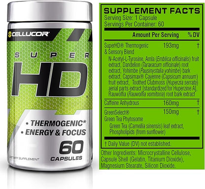 Cellucor Super HD for Men & Women - Enhance Focus and Increase Energy - Capsimax, Green Tea Extract, 160mg Caffeine & More 60 Servings