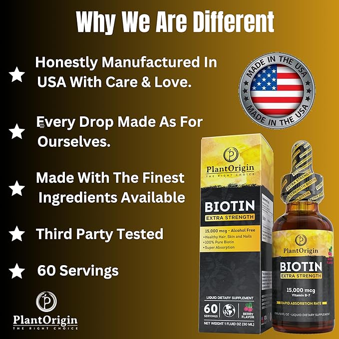 Extra Strength15,000 MCG Biotin Liquid Drops - Promotes Hair Growth, Radiant Skin & Strong Nails, Vegan & Kosher, Berry Flavor - 5X Absorption, 60 Servings