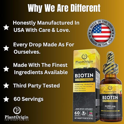 Extra Strength15,000 MCG Biotin Liquid Drops - Promotes Hair Growth, Radiant Skin & Strong Nails, Vegan & Kosher, Berry Flavor - 5X Absorption, 60 Servings