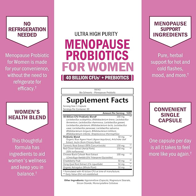 Menopause Supplements for Women - 40 Billion CFU Menopause Probiotics for Women - Menopause Support for Hot Flashes Night Sweats Mood Swings and Hormone Balance - Non-GMO, 60 Count, 60 Servings