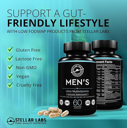 Stellar Labs Men's Low FODMAP Vegan Daily Multivitamin, No Iron | Easy On Sensitive Stomachs, Easy to Swallow Vitamins | Immune Support, Antioxidant Energy Blend, Male Support | IBS Friendly Capsules