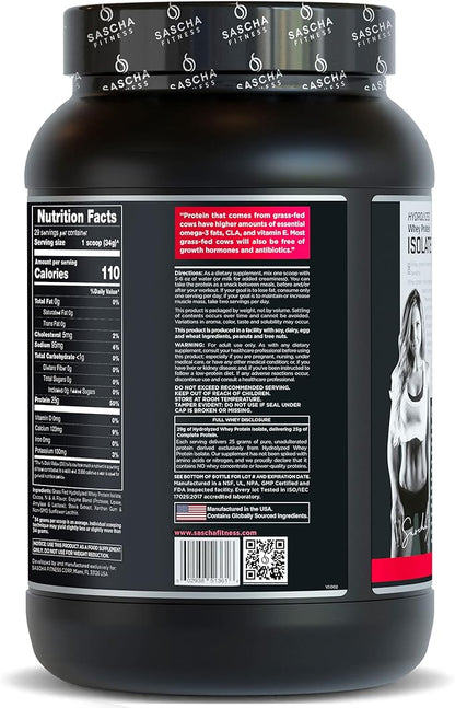 SASCHA FITNESS Hydrolyzed Whey Protein Isolate,100% Grass-Fed (2 Pounds, Strawberry)