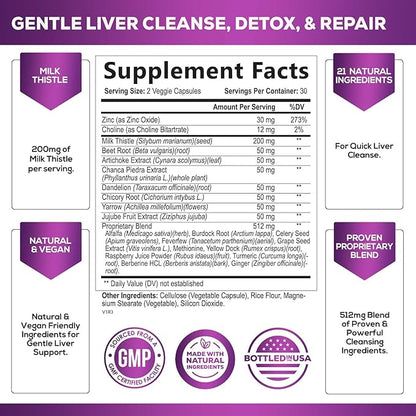 Gentle Liver Cleanse Detox & Repair Formula - Herbal Liver Support Supplement: Milk Thistle with Silymarin, Artichoke Extract, Dandelion, Beet, Chicory Root, & Turmeric for Liver Health - 60 Capsules