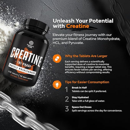 High Strength Tri Phase Creatine Pills - Muscle Mass Gainer and Muscle Recovery Creatine HCL Pyruvate and Creatine Monohydrate Pills - Optimal Muscle Builder Creatine Supplement for Men and Women