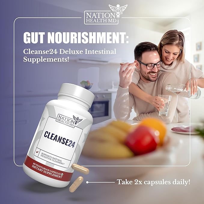 Cleanse24 - Intestinal Cleanse for Humans with Wormwood, Papaya, Black Walnut - Herbal Intestinal Cleanse, Gut Cleanse for Men & Women, 60 Capsules