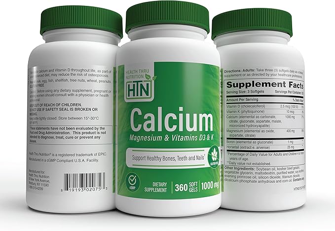 Health Thru Nutrition Calcium 1000mg and Magnesium 400mg with Vitamin D3 & K 360 Softgels (4 Month Supply)