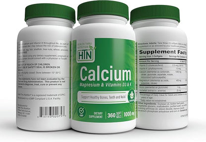 Health Thru Nutrition Calcium 1000mg and Magnesium 400mg with Vitamin D3 & K 360 Softgels (4 Month Supply)