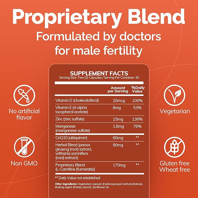 CONCEIVE PLUS Motility Boost for Men - Sperm Count Booster with Vitamin D, Vitamin E, Zinc, Spermidine, Antioxidants - Sperm Count, Sperm Motility - Multivitamin Supplement for Men Sperm - 60 Caps