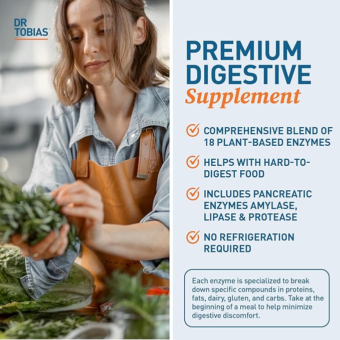 Dr. Tobias Digestive Enzymes with Amylase, Bromelain, Lipase, Lactase, Protease, Papain & More, Digestion Supplement with 18 Enzymes for Digestion and Gut Health, 30 Capsules, 15 Servings