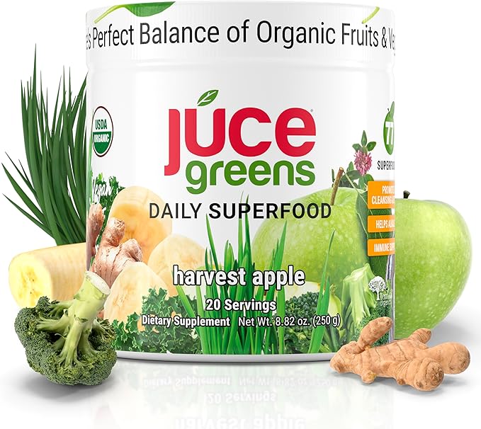 JUCE Green Superfood Powder, Organic Fruits and Veggies Supplement W/ 77 Superfoods Plus Prebiotic Probiotic Blend, Harvest Apple Flavor - 20 Servings (230 g)