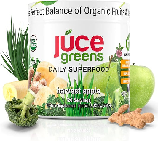 JUCE Green Superfood Powder, Organic Fruits and Veggies Supplement W/ 77 Superfoods Plus Prebiotic Probiotic Blend, Harvest Apple Flavor - 20 Servings (230 g)