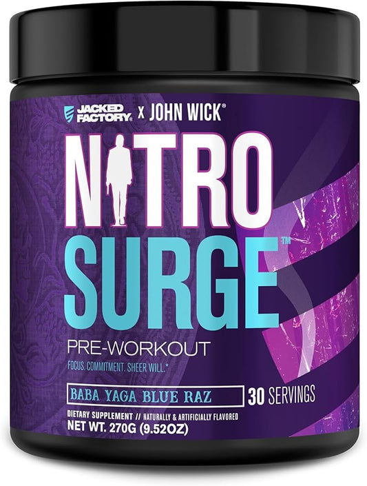 Jacked Factory X John Wick - Nitrosurge Wick Pre Workout Supplement - Intense Energy, Battle-Ready Focus, Unstoppable Commitment, and Sheer Will - 30 Servings, Baba Yaga Blue Raz