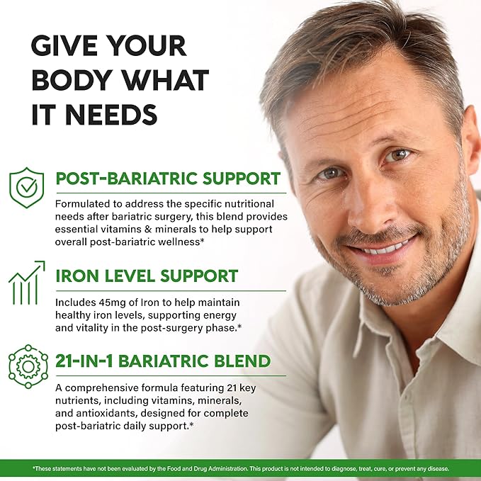 Bariatric Multivitamin - 45 mg Iron Supplements - Made in USA - for Women & Men - All-in-One, 21 Essential Vitamins - Gastric Sleeve Support - Free of Sugar, Gluten & Soy - 90 Capsules
